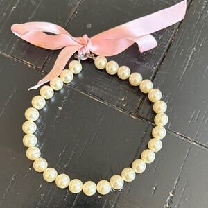Pearl Bead Necklace with Pink Ribbon